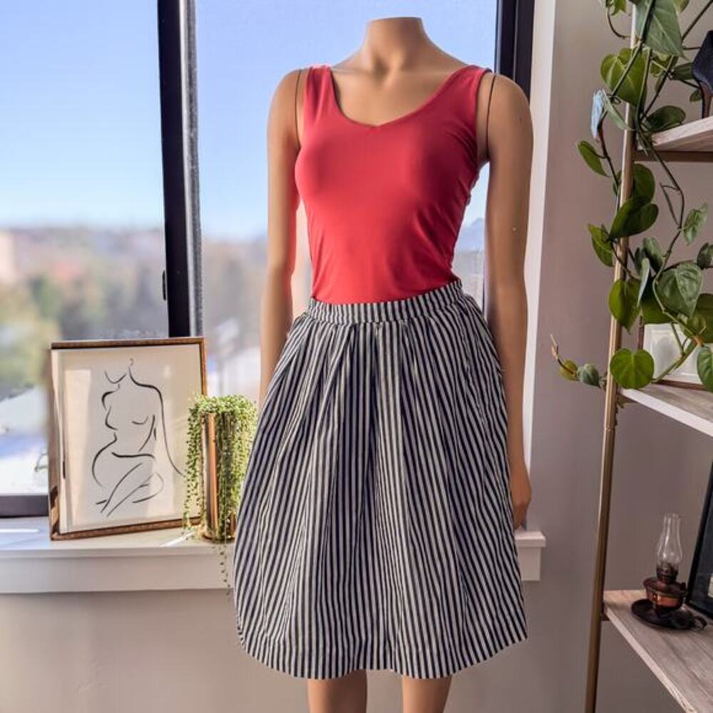 J. Crew, Classic Navy & White Pleated Striped Midi Skirt-100% Cotton, Size: XS/0